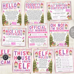 Plantilla editable de paquete de juegos de elfos rosados para niñas, carta de bienvenida y despedida con la llegada de los elfos navideños, certificado de lista de buenas adopciones de elfos