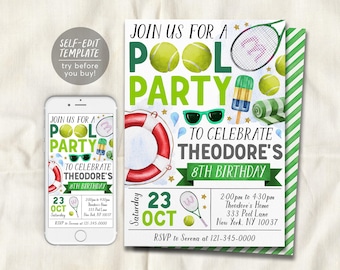 May include: A pool party invitation template featuring tennis balls, a racket, sunglasses, a popsicle, a life preserver, and green stripes. The text reads: JOIN US FOR A POOL PARTY TO CELEBRATE THEODORE'S 8TH BIRTHDAY, Saturday 23 OCT, 2:00pm to 4:30pm.