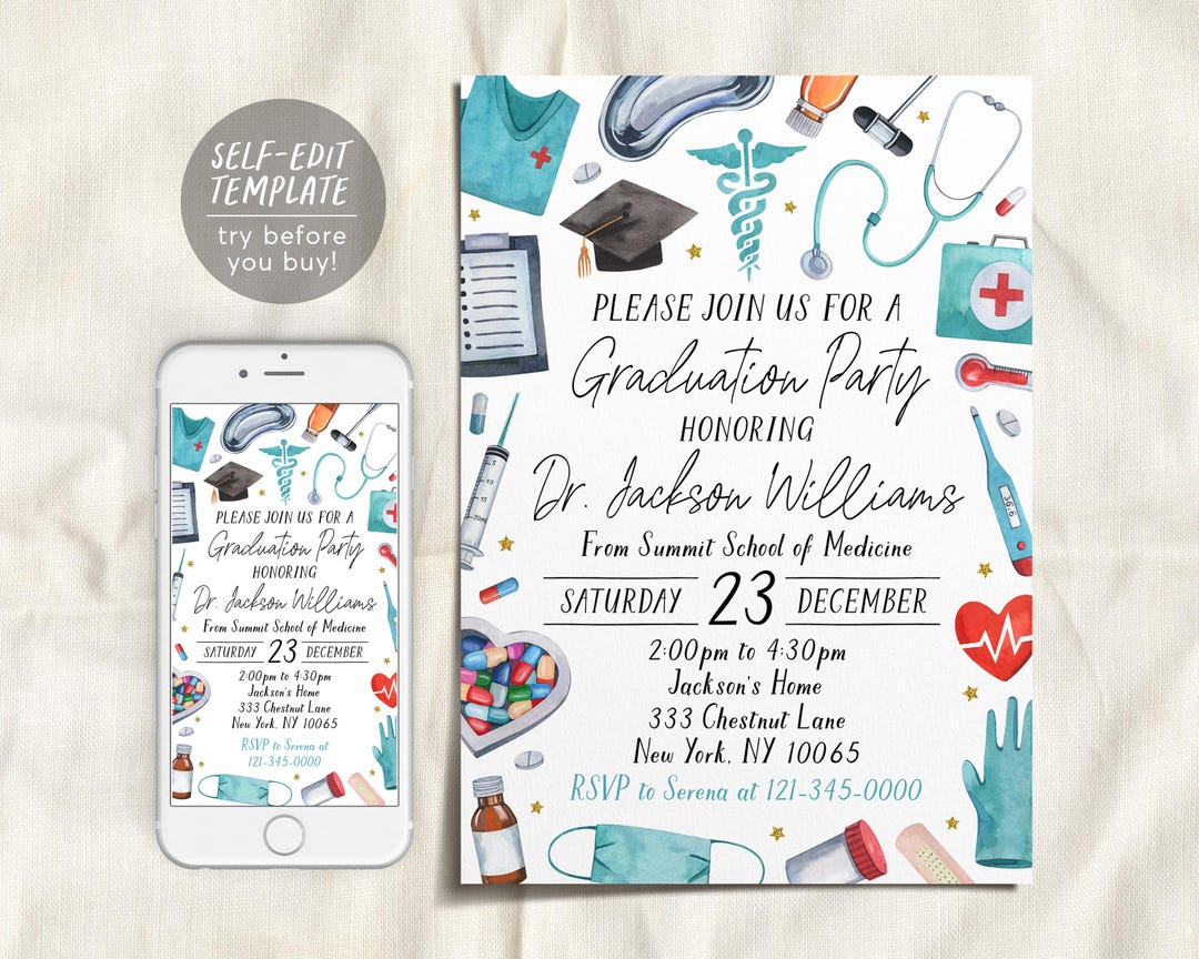 Doctor Graduation Invitation Editable Template, Medical School Grad ...