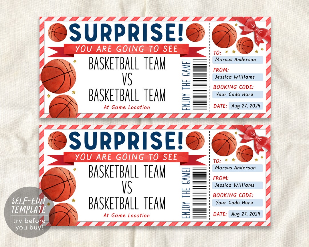 Basketball Game Gift Ticket Editable Template, Surprise Sports Game