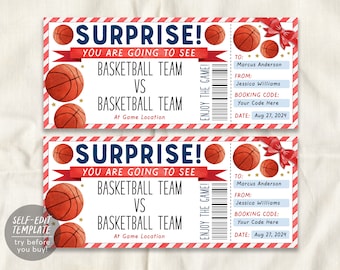 Basketball Game Gift Ticket Editable Template, Surprise Sports Game Ticket Voucher Gift Certificate For Husband Boyfriend, Basketball Lovers