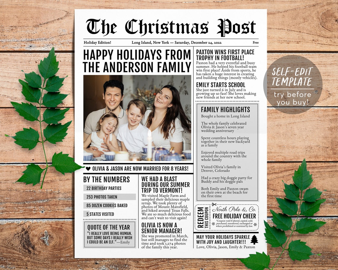 Christmas Family Newspaper Editable Template Year in Review Etsy