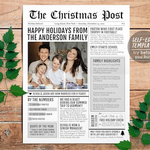 Weihnachts-Familienzeitung Bearbeitbare Vorlage, Jahresrückblick Newsletter Familienaktualisierungs-Weihnachtspost, Feiertags-Weihnachtsbrief mit Foto