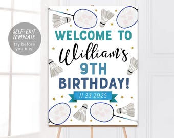 Plantilla editable de cartel de bienvenida para cumpleaños de bádminton, póster de fiesta de cumpleaños de bádminton para niños, póster de volante de torneo de partidos de juegos deportivos