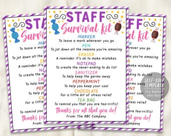 May include: A printable Staff Survival Kit sign with purple striped borders, yellow stars, and candy illustrations. The text lists items like marker, pen, eraser, notepad, sanitizer, peppermint, chocolate, and tea bag with descriptions.