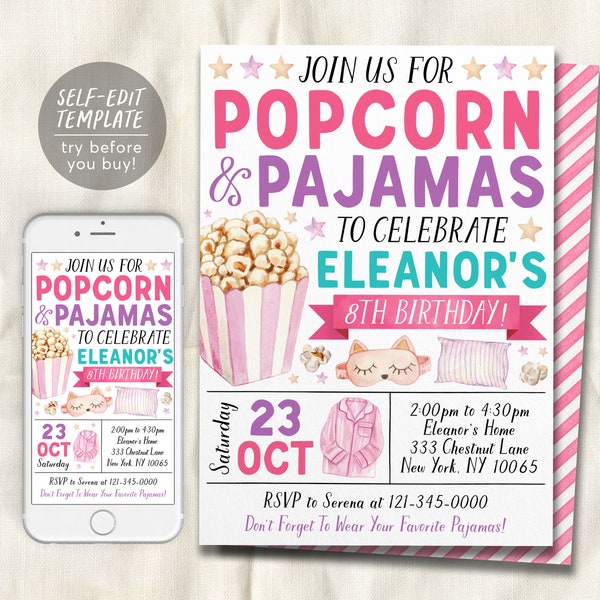 Popcorn and Pajamas Birthday Invitation Editable Template, Girl Tween Movie Night Party Invite, Kids Popcorn And PJs Slumber Party Evite