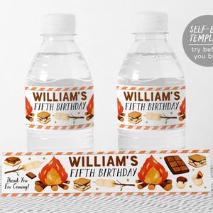 Modèle modifiable d'étiquettes de bouteille d'eau de fête S'mores, étiquette de boisson d'emballage de bouteille de fête d'anniversaire pour feu de camp Smores, emballage de camping dans la cour