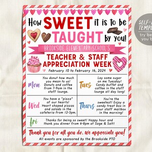 May include: A rectangular flyer for Brookside Elementary School's Teacher & Staff Appreciation Week, February 10-16, 2024. The design features red and pink heart bunting, illustrations of sweets, and a weekly schedule of events.