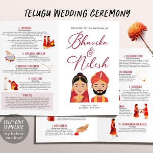 Telugu Ceremony Program Template, Editable Indian Wedding Ceremony Guide, South Indian, Hindu Infographic, Folded Modern Wedding Program