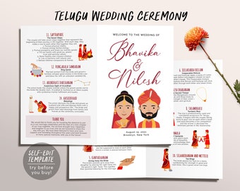 Telugu Ceremony Program Template, Editable Indian Wedding Ceremony Guide, South Indian, Hindu Infographic, Folded Modern Wedding Program