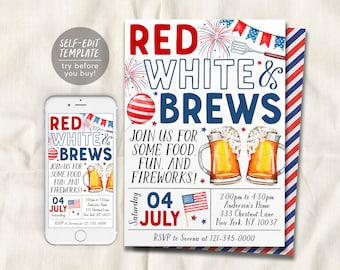 4th of July Invitation Editable Template, Red White and Brews Patriotic Fourth of July Party Invite, Independence Day BBQ Celebration Evite