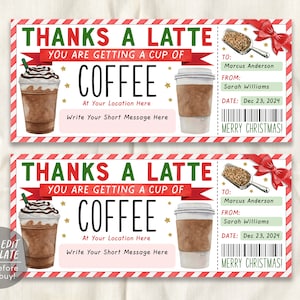 Weihnachten Danke Eine Latte Geschenkgutschein bearbeitbare Vorlage, Überraschungsurlaub Kaffee Geschenkgutschein, Cafe Gutschein Coffee Shop Liebhaber Geschenkkarte