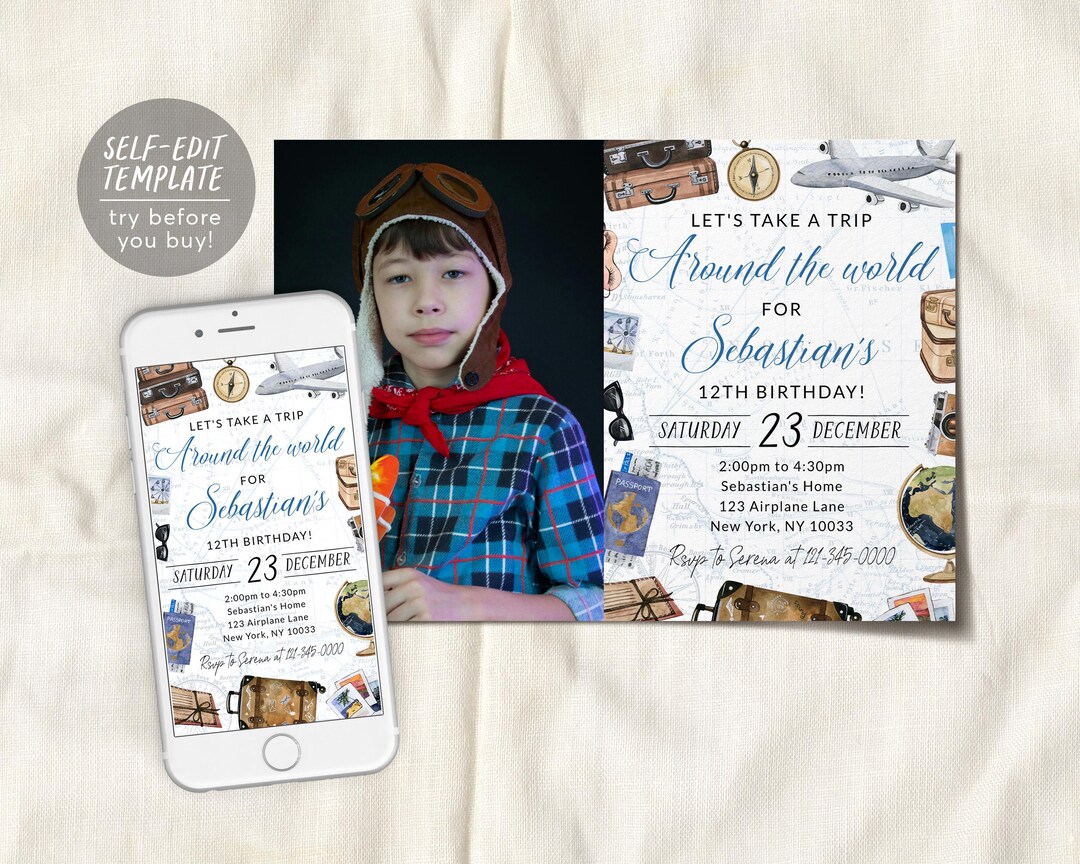 Around the World Birthday Invitation With Photo Editable Template ...