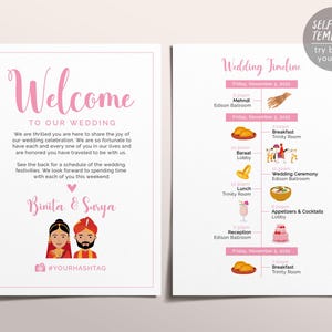 May include: A two-sided wedding welcome sign and timeline template featuring pink text and illustrations. The left side reads Welcome to our wedding, Binita & Surya, and #YOURHASHTAG. The right side displays a wedding timeline with icons.