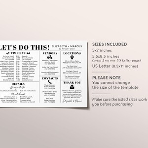 May include: A black and white wedding timeline and details template with the text "Let's Do This!" at the top. The template includes a timeline, vendors, locations, contacts, details, and a thank you message. The template is available in three sizes: 5x7 inches, 5.5x8.5 inches, and US Letter (8.5x11 inches).