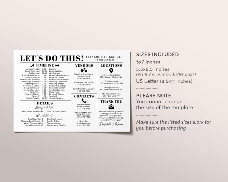 May include: A black and white wedding timeline and details template with the text "Let's Do This!" at the top. The template includes a timeline, vendors, locations, contacts, details, and a thank you message. The template is available in three sizes: 5x7 inches, 5.5x8.5 inches, and US Letter (8.5x11 inches).