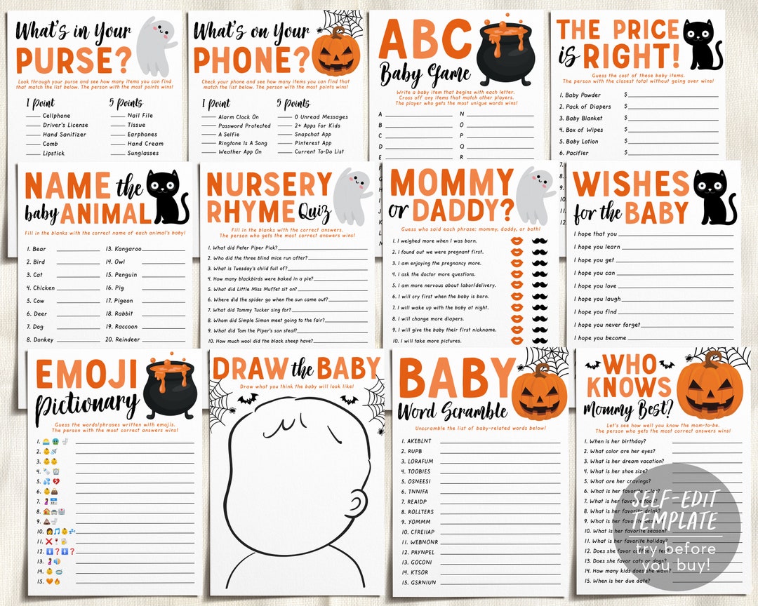 Halloween Baby Shower Games Package Bundle Editable Template, A Little