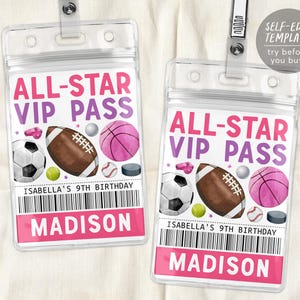 Sports Birthday All Star VIP Pass Editable Template, Girl Game Time Party All Access Pass, Baseball Football Name Insert ID Badge Lanyard