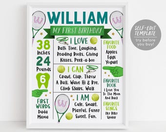 Plantilla editable de letrero de hito del primer año de tenis, póster de estadísticas de decoración de primer cumpleaños con pelota de tenis Wimble-One, letrero de estadísticas deportivas de un año