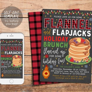 Plantilla editable de invitación para brunch navideño con franela y panqueques, Navidad con panqueques y pijamas, invitación navideña a cuadros de búfalo para fiesta de Navidad. imagen 1
