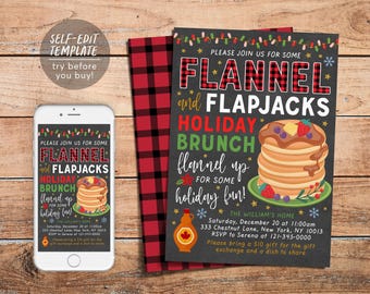Könnte beinhalten: Eine digitale Einladungsvorlage für einen Flannel and Flapjacks Feiertagsbrunch mit einem Stapel Pfannkuchen, einer Ahornsirupflasche und festlicher Lichterkette auf dunklem Hintergrund mit rot-schwarzen Karomustern und Text.