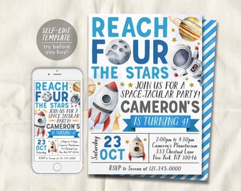 May include: Editable space-themed birthday party invitation with a blue, white, and gold color scheme. The invitation features a rocket, astronaut, planets, and stars. The text reads "Reach for the Stars, Join us for a Space-tacular Party! Cameron's is turning 4!"