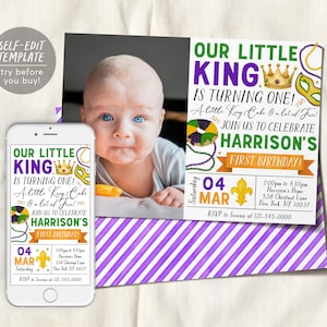 Mardi Gras Birthday Invitation With Photo Editable Template, Our Little King Kids Mardi Gras Fat Tuesday Theme Party Invite, New Orleans