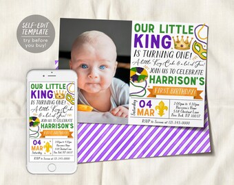 May include: Purple and green Mardi Gras themed first birthday invitation with a photo of a baby boy. The invitation says "Our Little King is Turning One!" and includes the date "Saturday, 4th March".