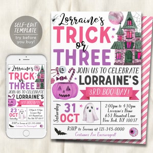 Trick or Three Halloween 3rd Birthday Invitation Editable Template, Girl Ghost Spooky Third Birthday Party Invite Spooktacular Party Evite