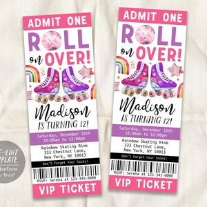 May include: Pink and purple roller skate party invitation with the text "Roll on Over!" and "Madison is turning 12!"  The invitation includes details for a roller skating party at Rainbow Skating Rink on December 16th from 10:00am to 12:00pm.  The invitation also includes the address and RSVP information.