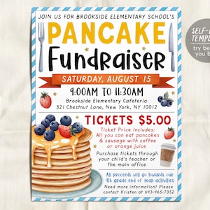 Pancake Breakfast Fundraiser Flyer Editable Template, Flapjacks Brunch Event, School PTO PTA Church Charity Community School Benefit Work
