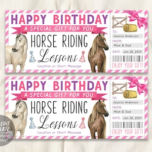 Reitunterricht Geschenk Gutschein Bearbeitbare Vorlage, Geburtstagsüberraschung Reitkurs Urlaub Geschenkgutschein Ticket, Ausritte