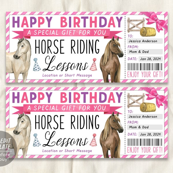 Horse Riding Lessons Gift Voucher Editable Template, Birthday Surprise Horseback Riding Class Holiday Gift Certificate Ticket, Trail Rides