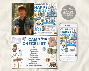 Boy Camping Birthday Invitation With Photo Editable Template, Outdoor Camp Out Party Invite, Unisex Camp Checklist, Kids Tent Hiking Evite