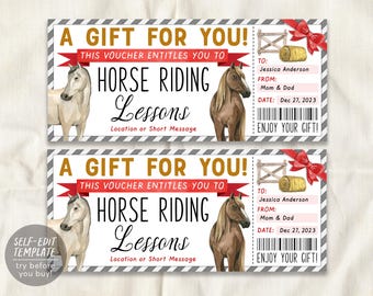 May include: A printable gift voucher for horse riding lessons featuring a white horse and a brown horse, a red ribbon, a wooden fence, and a hay bale. The text reads A GIFT FOR YOU, HORSE RIDING LESSONS, TO: Jessica Anderson, FROM: Mom & Dad, DATE: Dec 27, 2023, and ENJOY YOUR GIFT.