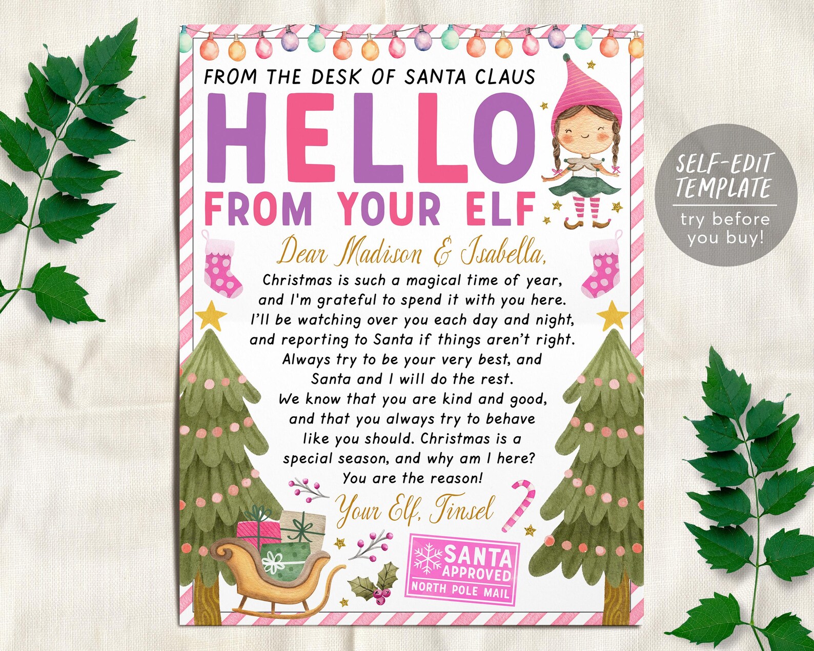 Pink Girl Elf Hello Letter Editable Template, Arrival Note From Elf ...