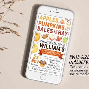 Apple and Pumpkins Birthday Invitation Editable Template, Kids Unisex Thanksgiving Bales Of Hay Party Invite, Pumpkin Patch Autumn Fall image 3