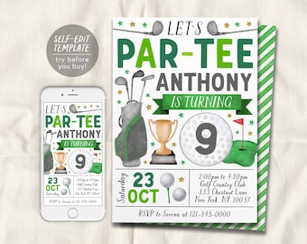 Golf Birthday Invitation Editable Template, Boy Let&#39;s Par Tee Golf Ball Party Invite, Kids Sports Theme Evite, Mini Golf Tournament