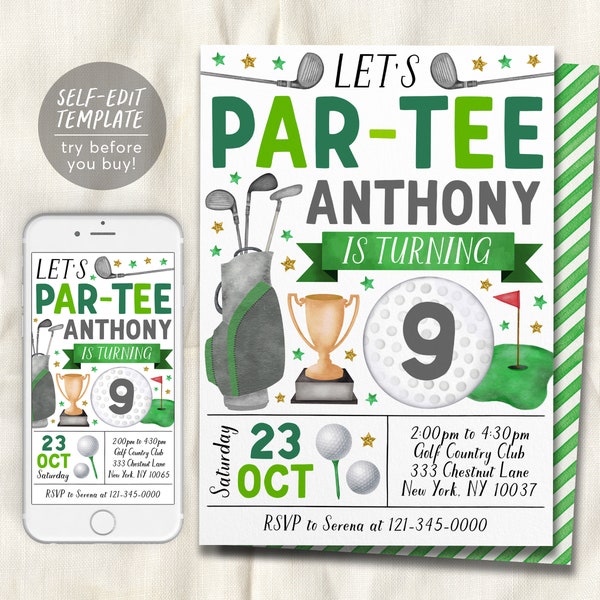 Golf Birthday Invitation Editable Template, Boy Let's Par Tee Golf Ball Party Invite, Kids Sports Theme Evite, Mini Golf Tournament