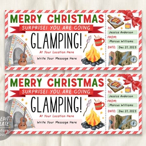 Christmas Glamping Trip Ticket Editable Template, Surprise Glamping Weekend Trip Reveal Gift Certificate Camping Experience Voucher Coupon