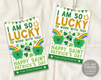 May include: Two rectangular gift tags with white backgrounds featuring green bunting, rainbows, gold horseshoes, green leprechaun hats, and pots of gold. Text reads: I AM SO LUCKY TO WORK WITH YOU! HAPPY SAINT PATRICK'S DAY From: Cillian O'Sullivan.