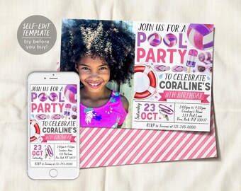 May include: A digital pool party invitation template for an 8th birthday featuring a photo of a child, pink and purple volleyballs, a red and white life preserver, flip-flops, sunglasses, and a whistle, with text including Coraline's 8th Birthday.