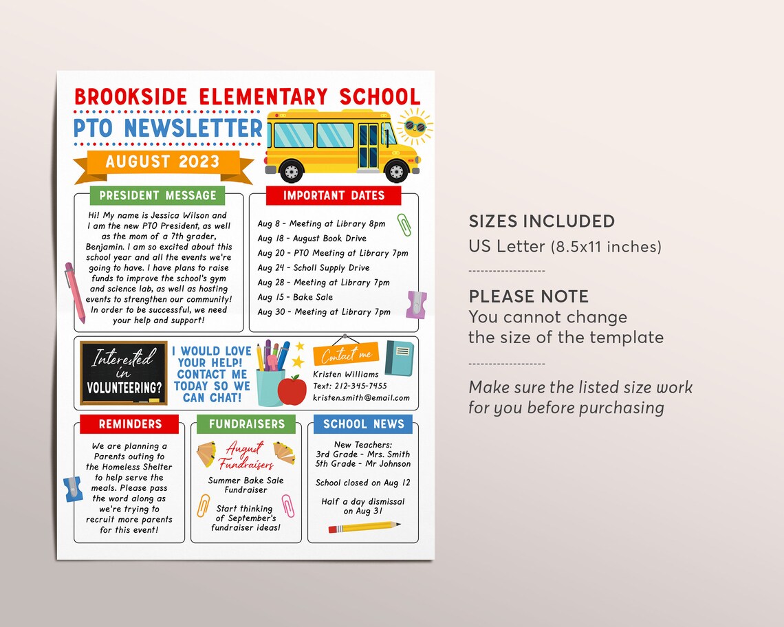 August PTO PTA Newsletter Flyer Editable Template, Summer Back to ...