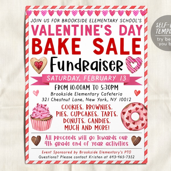 Valentine's Day Bake Sale Fundraiser Flyer Editable Template, Valentine Bakery Fundraising Sale Event, PTA PTO School Nonprofit Church DIY