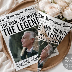 L'homme le mythe la légende modèle modifiable d'emballage de bouquet de retraite, emballage floral pour journal de fête de départ en retraite, cadeau d'affiche d'anniversaire de travail
