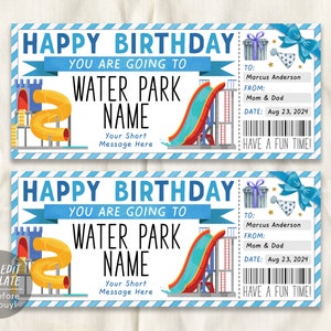Wasserpark-Eintrittskarte bearbeitbare Vorlage, Geburtstagsüberraschungs-Wasserparkbesuch-Geschenkgutschein für ihn, Rutsch-Saisonpass-Geschenkgutschein zum ausdrucken