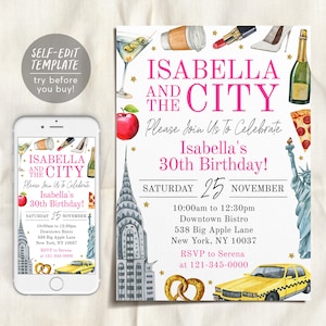 New York City Birthday Invitation Editable Template, And The City NYC Party Invite, Big Apple Adult Girls Night Out 30th Birthday Evite