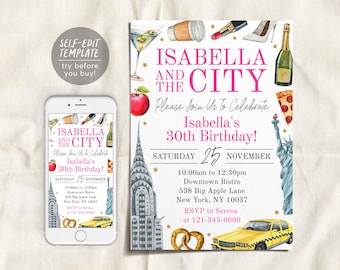 New York City Birthday Invitation Editable Template, And The City NYC Party Invite, Big Apple Adult Girls Night Out 30th Birthday Evite
