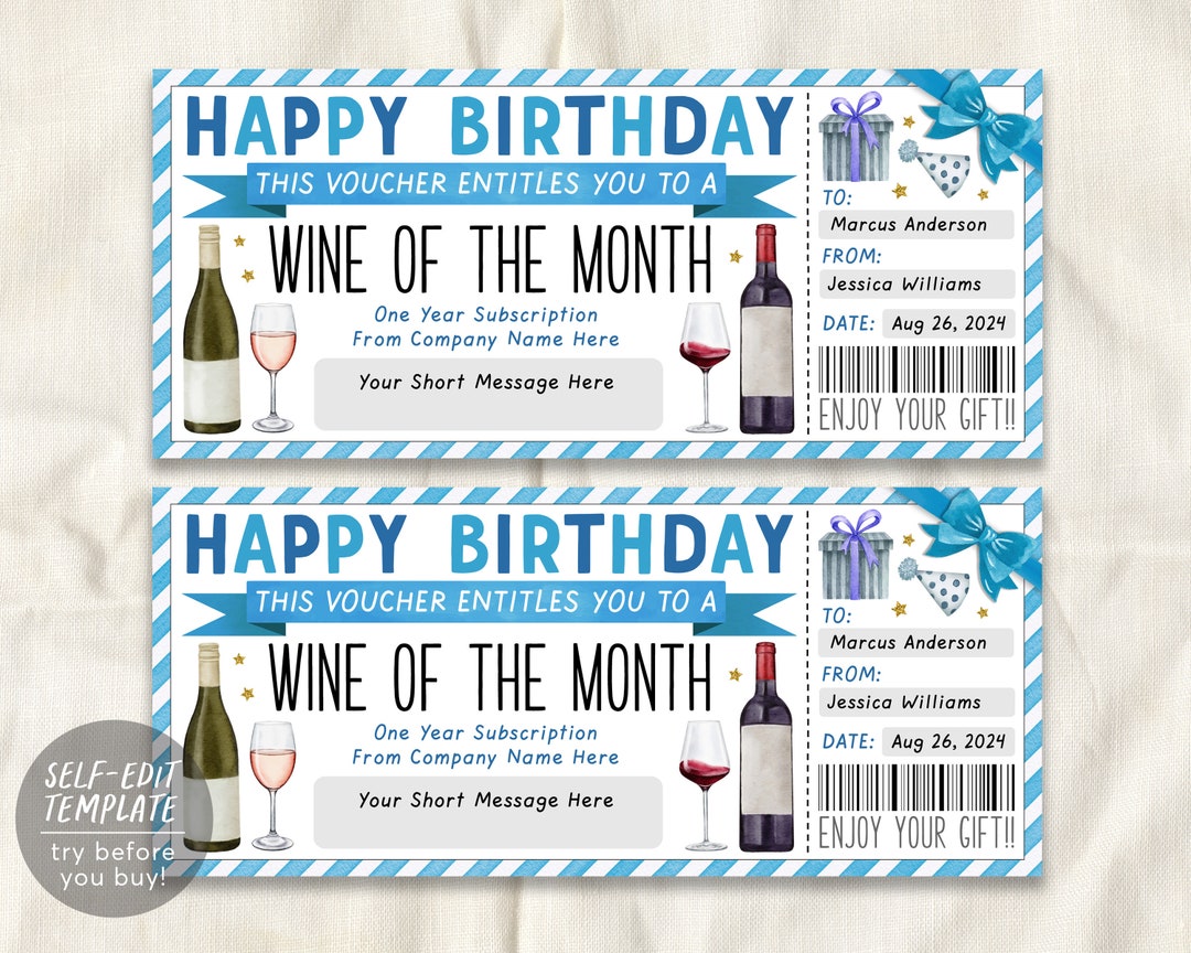 Wine Subscription Gift Certificate Editable Template, Birthday Surprise ...