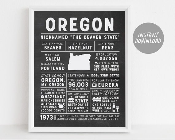 Oregon State Wall Art Sign Poster Infographic, Chalkboard Oregon Map,  Portland Salem, US States, State Facts, Gifts For Men